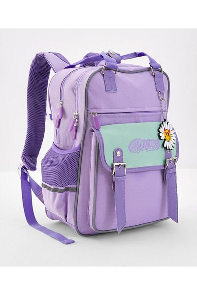 Bonfino Bonfino School Bag with Chained Locket, Thickened Straps, Floral Themed, Purple - 15 Inches