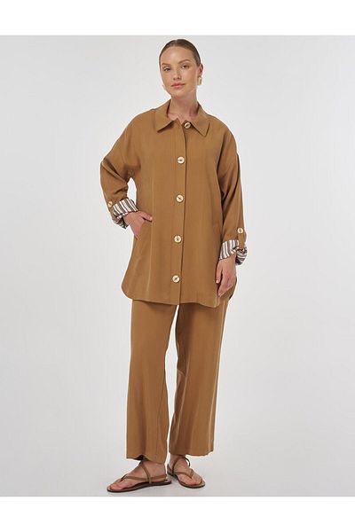 Kayra Button Detailed Rayon Double Suit Tobacco