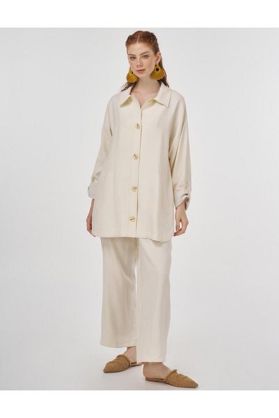 Kayra Button Detailed Rayon Double Suit Ecru