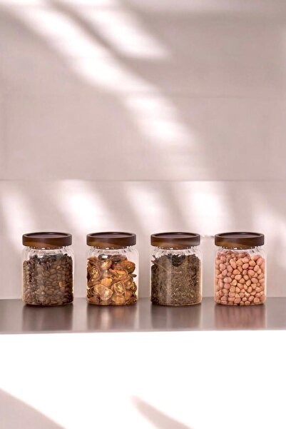 mightpera 4'lü Akasya Vakum Kapaklı Çizgili Model Kavanoz Seti (400 ml)