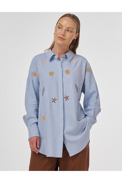 Kayra Embroidered Linen Viscose Tunic Crown Blue