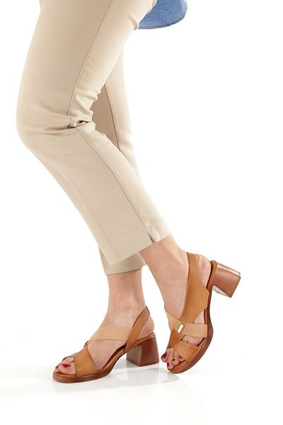 Modabuymus Madleen Tan Color Soft Genuine Leather Women's Sandals Thick Heels Shoes