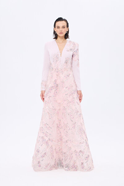 Atelier Pret 𝐏𝐎𝐍𝐓𝐀𝐍𝐀 Uzun Kollu V-yakalı İşlemeli Kloş Uzun Abiye Elbise