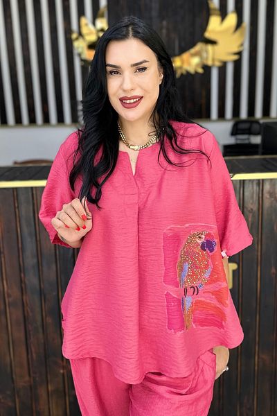 GÖKSEL Papagan Printed Linen Plus Size Bluz