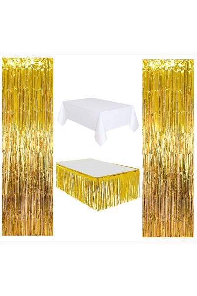 ZENVİVA 4 Pieces White Table Cloth, Gold Table Skirt, 2 Pieces Gold Back Fonts