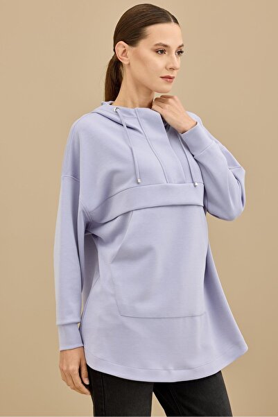 Tığ Triko Yarım Fermuarlı Kapüşonlu Robası Allerli Tunik MAVİ