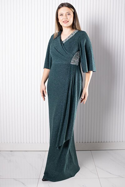 SUBU TASARIM Βραδινό φόρεμα με λεπτομέρεια από πέτρα Πράσινο TBSMDA2541
