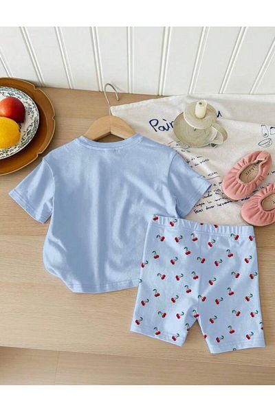LOUİSA Set pantaloni scurți și tricou pentru fetiță, cu imprimeu cireș, albastru bebeluș