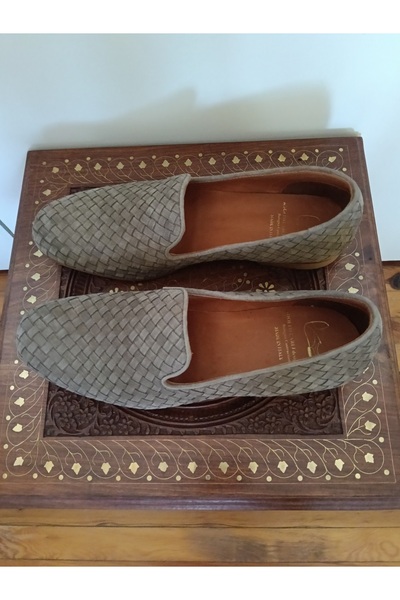 Adolfo Carli Unisex el yapımı hakiki deri süet el örgü bej ince dikişli hakiki kösele tabanlı loafer İtalyan