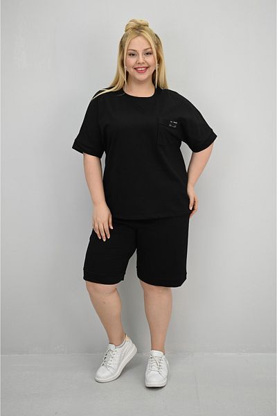 Koza Butik Women's Plus Size Short Sleeve Pocket Detailed Shorts Set 8209-25