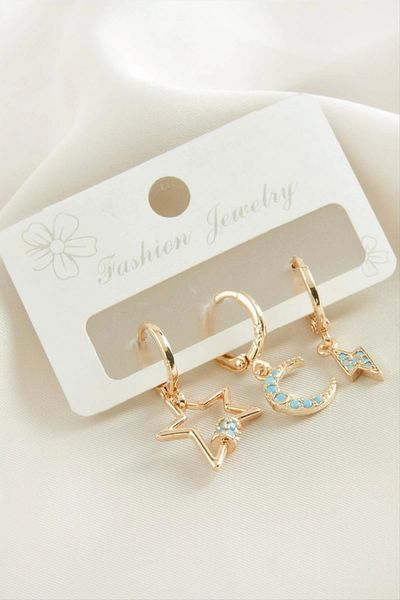 KAKTÜS JACK 3 Pieces Crescent Star Zircon Stone Earrings