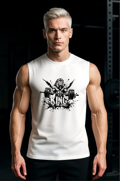 BESSA Men's King of Gym Printed White Oversize Crew Neck Cotton Sleeveless T-Shirt/Undershirt
