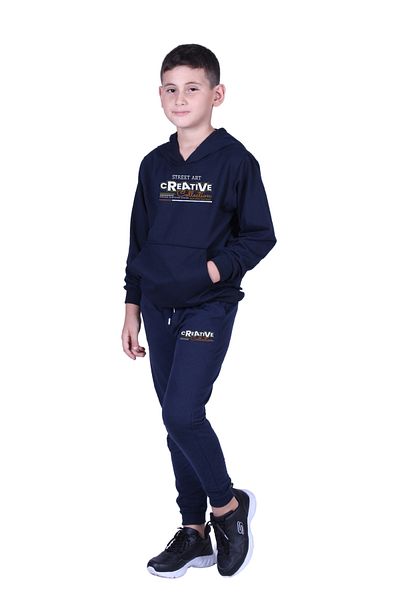 FYK KİDS Boy's Track Suit with Hooded Kangaroo Pocket and Creati̇ve Text Printed