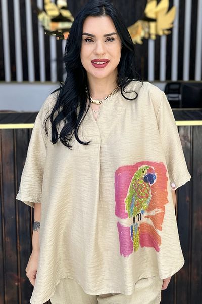 GÖKSEL Papagan Printed Linen Plus Size Bluz