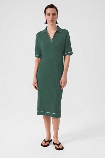 Triko Mısırlı Nefti Yeşili Gömlek Yaka Nervürlü Elbise