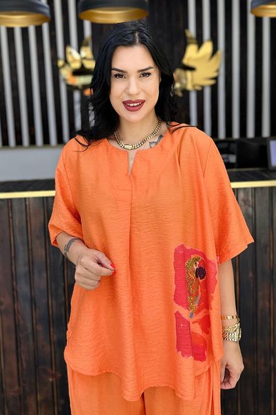 GÖKSEL Papagan Printed Linen Plus Size Bluz