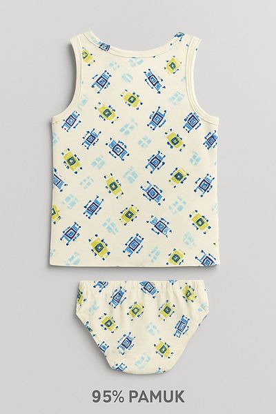 LİRONA Robot Patterned Boy's Singlet Panties Set – 95% Cotton |   32023
