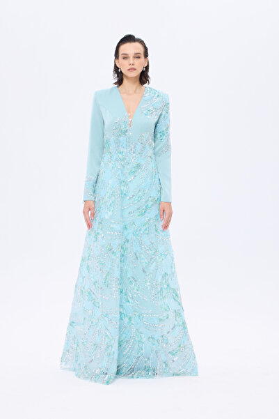 Atelier Pret 𝐏𝐎𝐍𝐓𝐀𝐍𝐀 Uzun Kollu V-yakalı İşlemeli Kloş Uzun Abiye Elbise