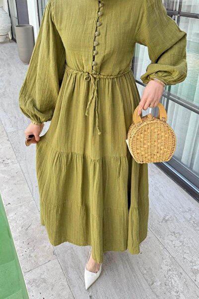 lamelif Φόρεμα με κορδόνι στη μέση, με χρώμα πράσινο