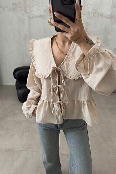 FA Butiq Women's Ecru Baby Collar Summer Non-Show Long Sleeve Buttoned Shirt