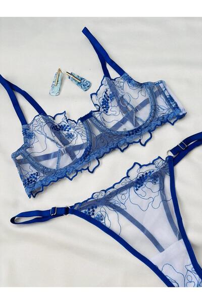 İNKO İÇ GİYİM Set sutien din tul fără căptușeală cu sârmă florală (BRA TANGA)