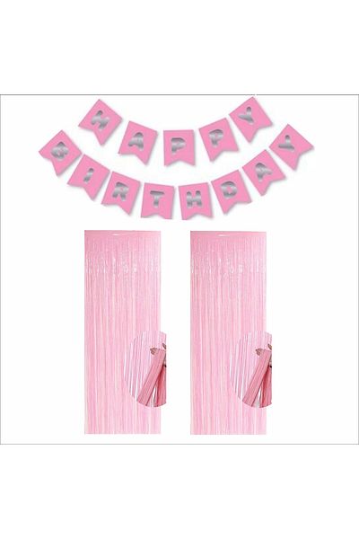 ZENVİVA Pink-Silver Banner and 2 Pinkfon Curtains