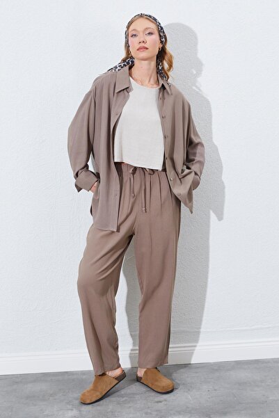 TENA Women's Soil Waist Elastic Carrot Cut Linen Trousers