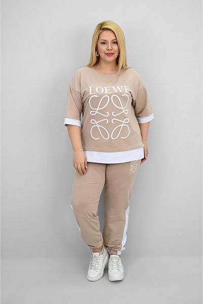 Koza Butik Women's Plus Size Short Sleeve Embroidery Detailed Garnished Tracksuit Set 8192-25
