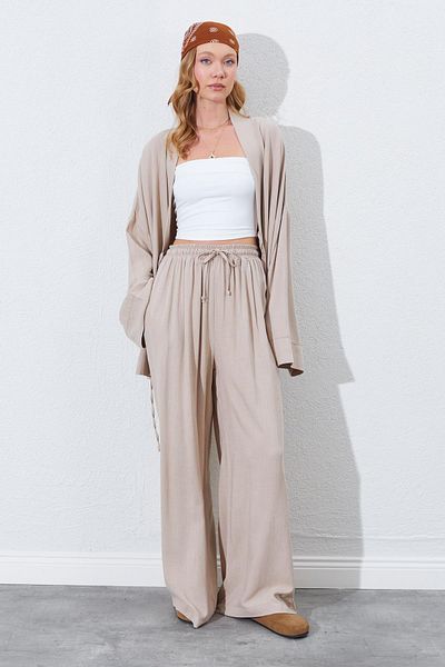 TENA Women's Dark Beige Elastic Waist Palazzo Linen Trousers