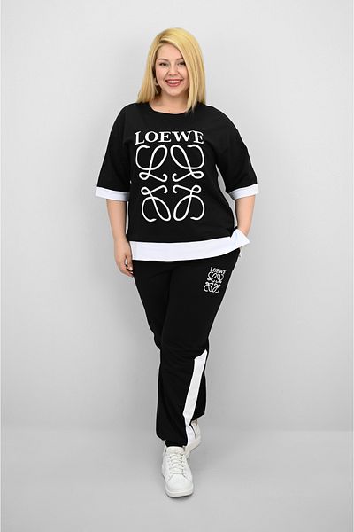 Koza Butik Women's Plus Size Short Sleeve Embroidery Detailed Garnished Tracksuit Set 8192-25