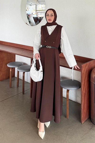 lamelif Button Detailed Sleeveless Hijab Dress Bitter Brown
