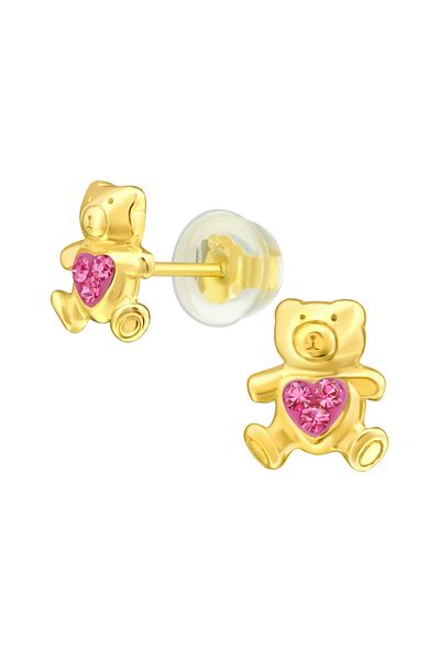 Sophia Collection Children's earrings 925 silver plated with 24k gold, Teddy bear model with premium pink crystal