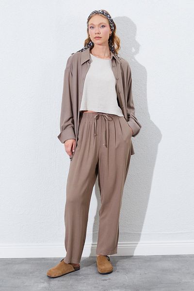 TENA Women's Soil Waist Elastic Carrot Cut Linen Trousers