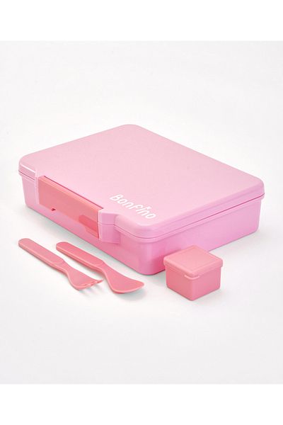 Bonfino Bonfino Lunch Box with Cutlery and Side Dish Container , 1330 mL, 23 x 17 x 5.5 cm - Pink