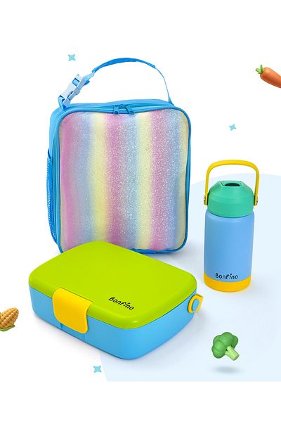 Bonfino Bonfino Lunch Box with Bottle and Lunch Bag, Leak-Resistant, Blue and Green - 3 Pieces
