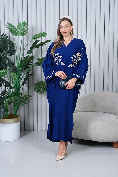 EL jadida Women's Embroidered Plus Size Viscose Long Dress Navy Blue