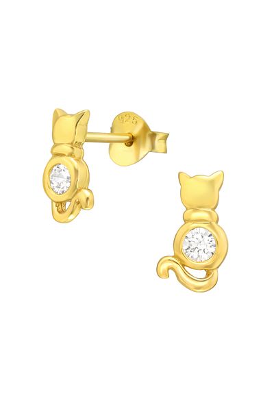 Sophia Collection Children's earrings 925 silver plated with 24K gold, Golden Cat model with zircon stone