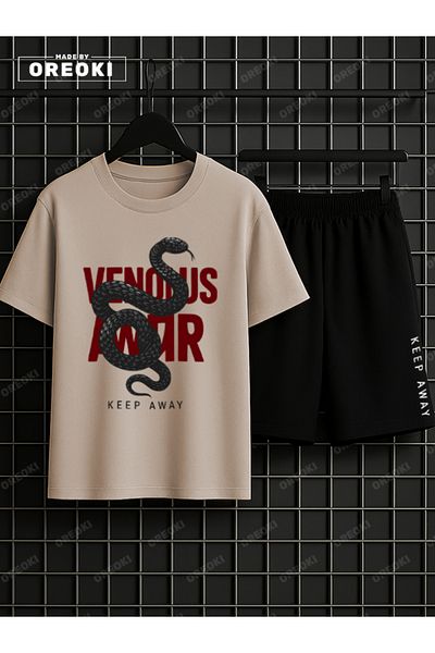 EFFRENATU Copy - Stay Away Printed Cotton Men's Beige T-Shirt-Black Shorts Set