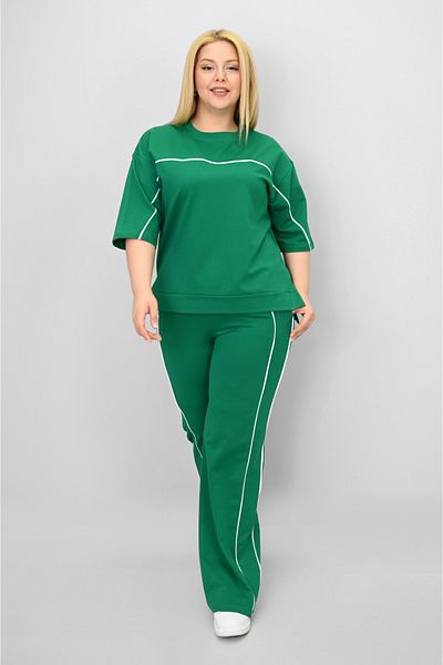 Koza Butik Women's Plus Size Short Sleeve Loose Leg Tracksuit Set with Intermediate Piping Detail 8189-25
