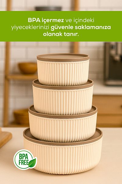 Vienev Set of 4 Round Storage Containers Striped Beige |   2.5L 1.5L 0.80L 0.45L |   Microwave and Freezer Compatible