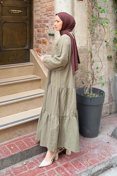 lamelif Front Half Button Detailed Muslin Fabric Hijab Dress Oil Green