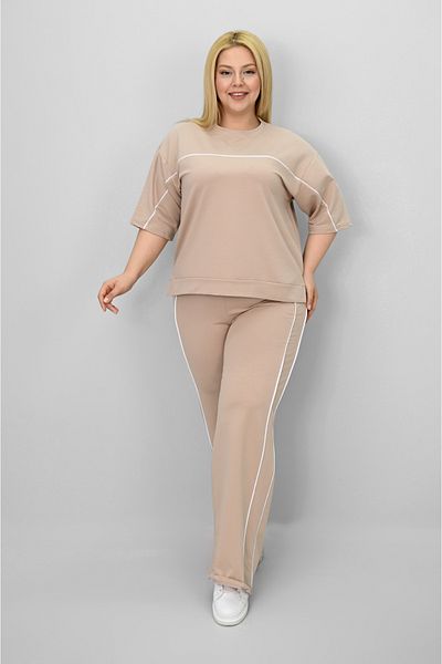 Koza Butik Women's Plus Size Short Sleeve Loose Leg Tracksuit Set with Intermediate Piping Detail 8189-25