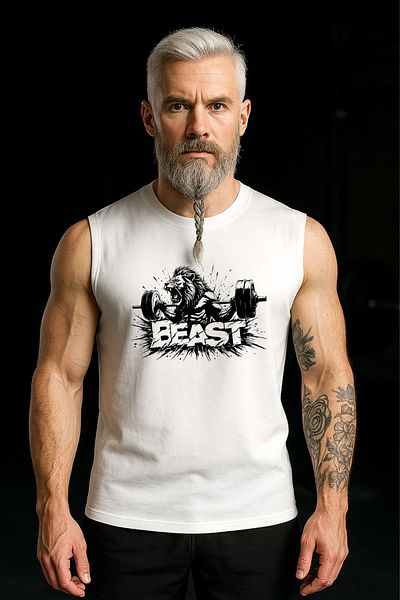 BESSA Men's Beast Printed White Oversize Crew Neck Cotton Sleeveless T-Shirt/Undershirt