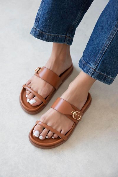 STRASWANS Zeus Γυναικεία Πόρπη Λεπτομέρεια Daily Comfort Δερμάτινες Παντόφλες Καφέ