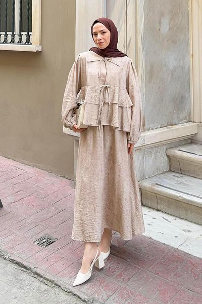 lamelif Front Bow Tie Blouse Skirt Hijab Suit Stone