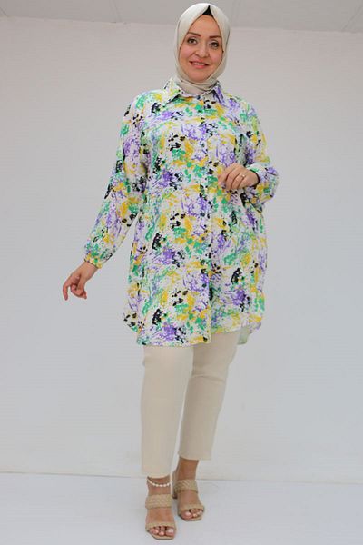 Eslina 58052 Large Size Men's Collared Jesica Shirt Tunic - Ebruli Oil Green