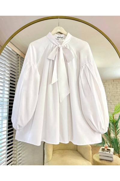 Bahar Altundemir Women's Balloon Sleeve White Tunic Shirt with Tie-Up Detail ...