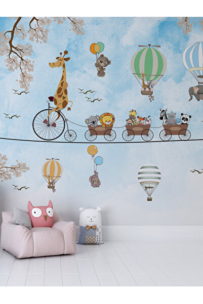 dreamwall Hayvanlar Treni ve Balonlu Çocuk Odası Duvar Kağıdı