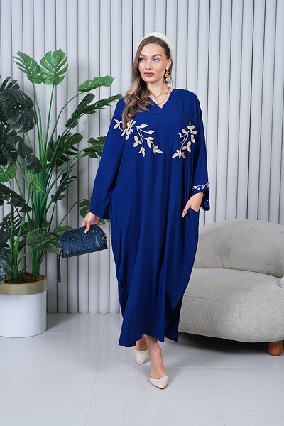 EL jadida Women's Embroidered Plus Size Viscose Long Dress Navy Blue