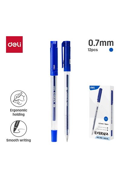 Deli قلم جل ناعم أزرق EG83-BL 0.7 مم، 12 قطعة/صندوق - مثالي للكتابة في المدرسة أو العمل